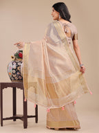 Shree Shyam Fashion Peach Organza Woven Zari Work Traditional Tassel Saree