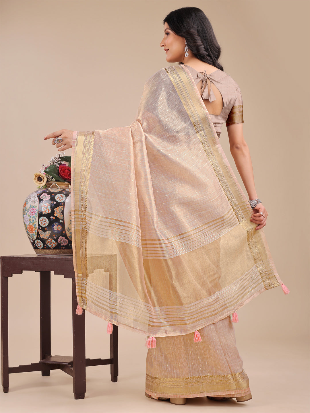 Shree Shyam Fashion Peach Organza Woven Zari Work Traditional Tassel Saree