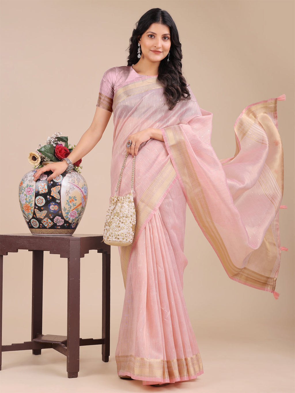 Shree Shyam Fashion Light Pink Organza Woven Zari Work Traditional Tassel Saree
