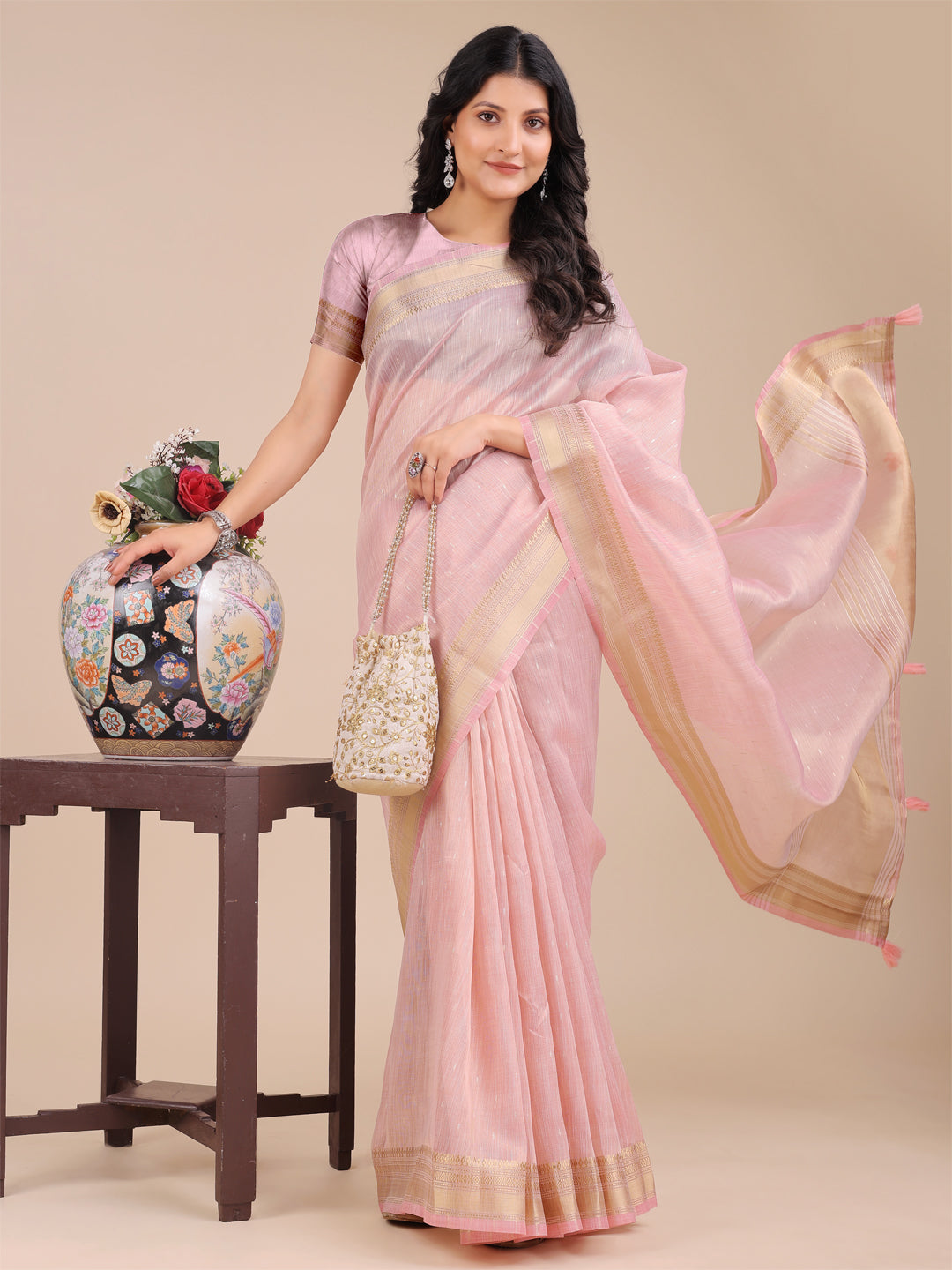 Shree Shyam Fashion Light Pink Organza Woven Zari Work Traditional Tassel Saree