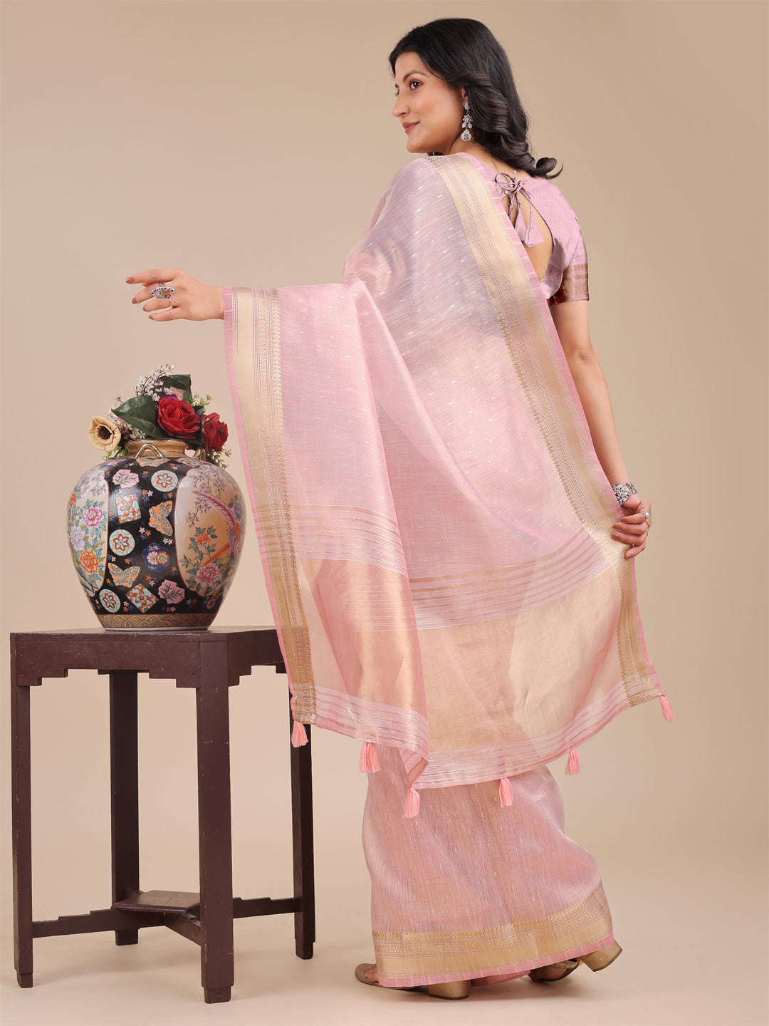 Shree Shyam Fashion Light Pink Organza Woven Zari Work Traditional Tassel Saree