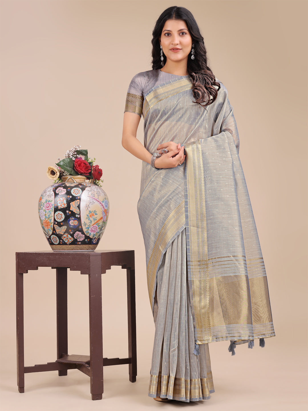 Shree Shyam Fashion Grey Organza Woven Zari Work Traditional Tassel Saree