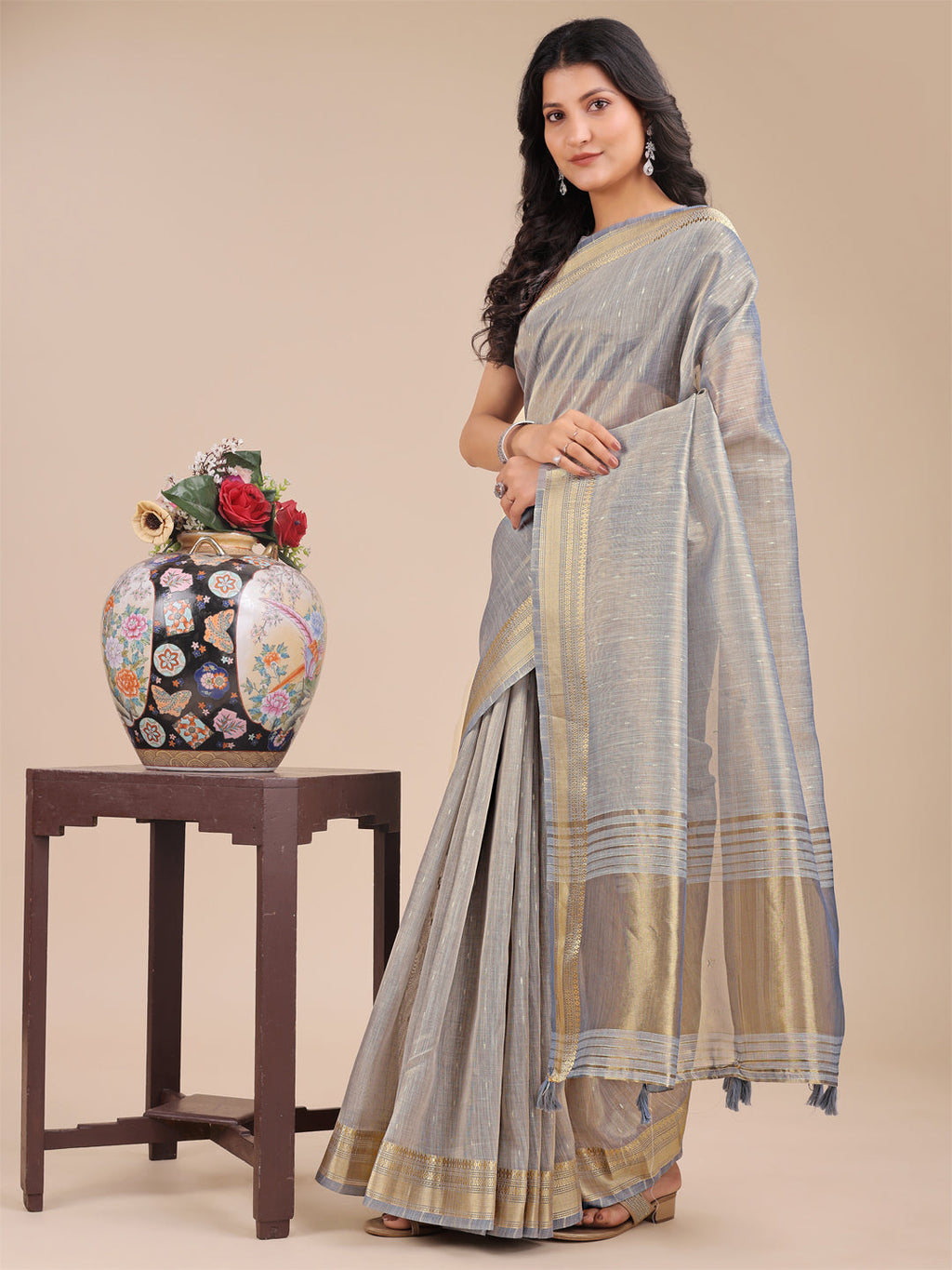 Shree Shyam Fashion Grey Organza Woven Zari Work Traditional Tassel Saree