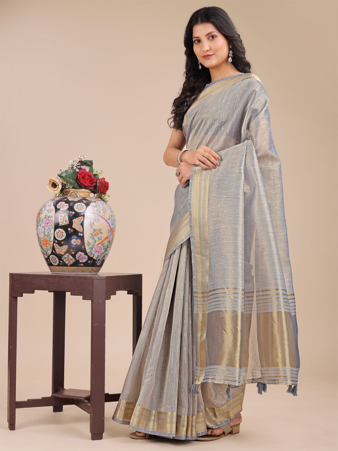 Shree Shyam Fashion Grey Organza Woven Zari Work Traditional Tassel Saree