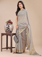 Shree Shyam Fashion Grey Organza Woven Zari Work Traditional Tassel Saree