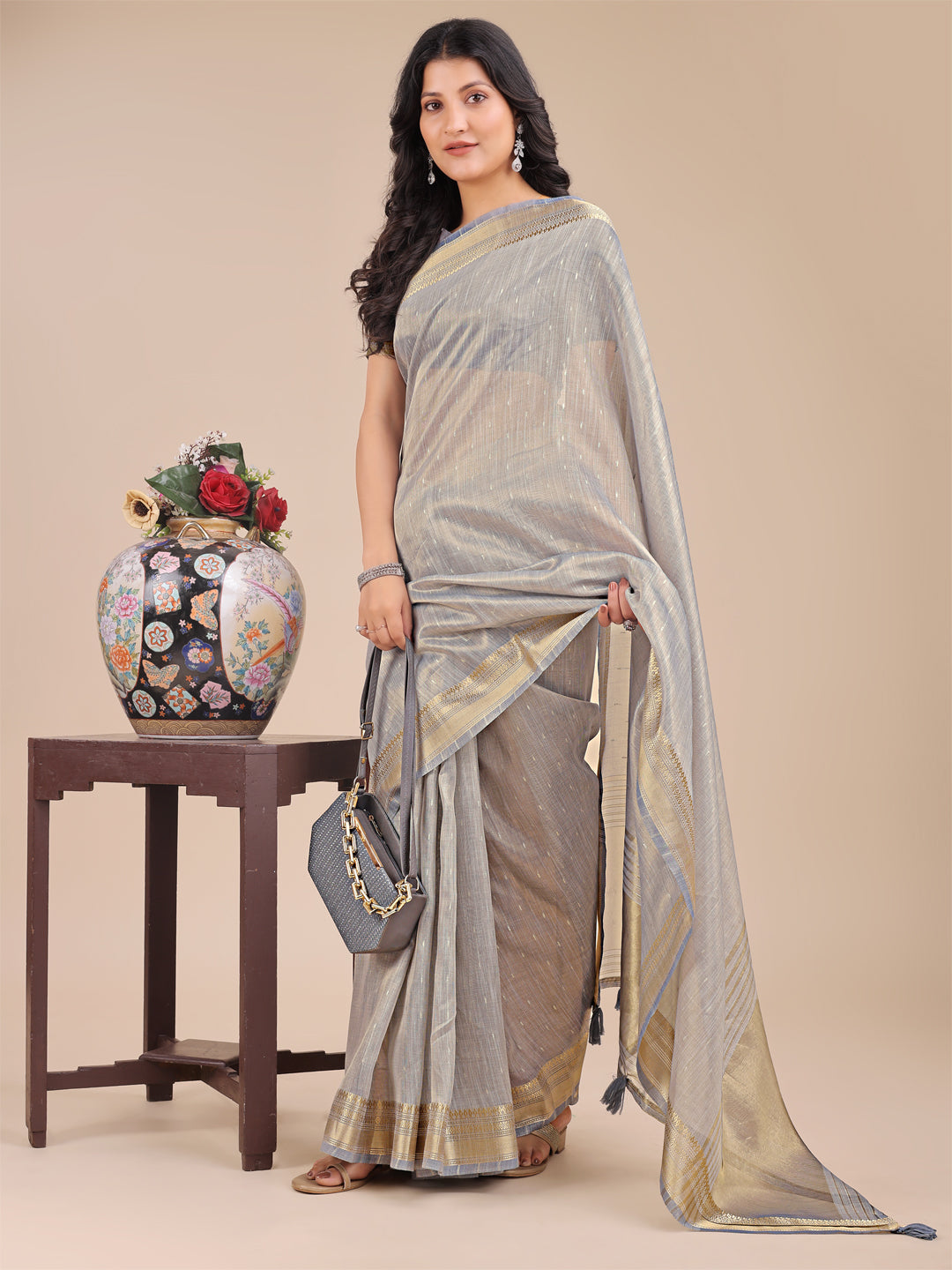 Shree Shyam Fashion Grey Organza Woven Zari Work Traditional Tassel Saree