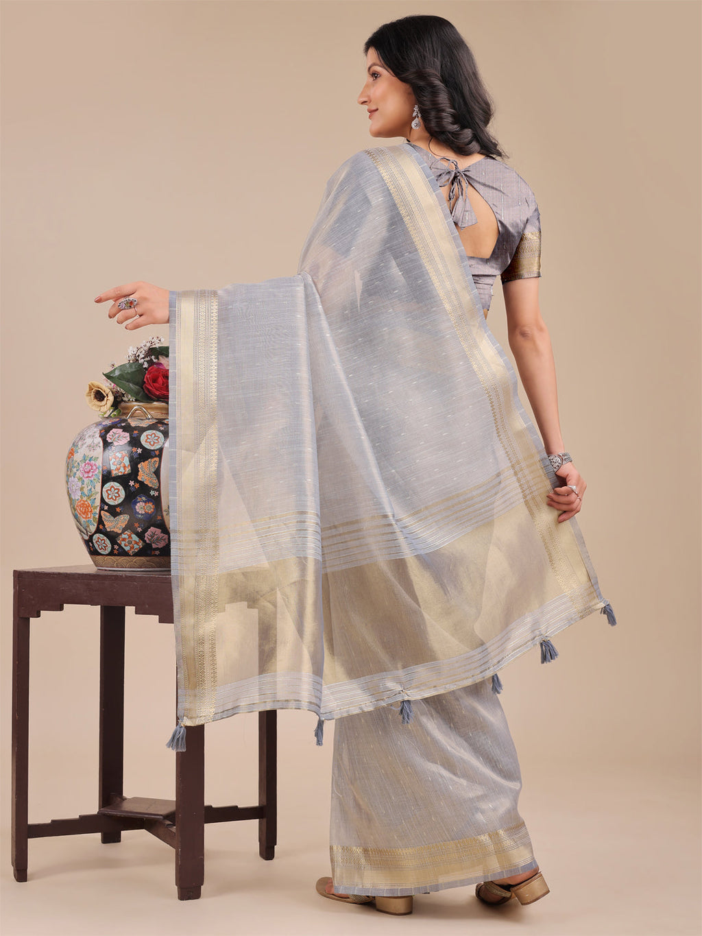 Shree Shyam Fashion Grey Organza Woven Zari Work Traditional Tassel Saree