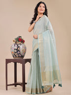 Shree Shyam Fashion Sea Green Organza Woven Zari Work Traditional Tassel Saree