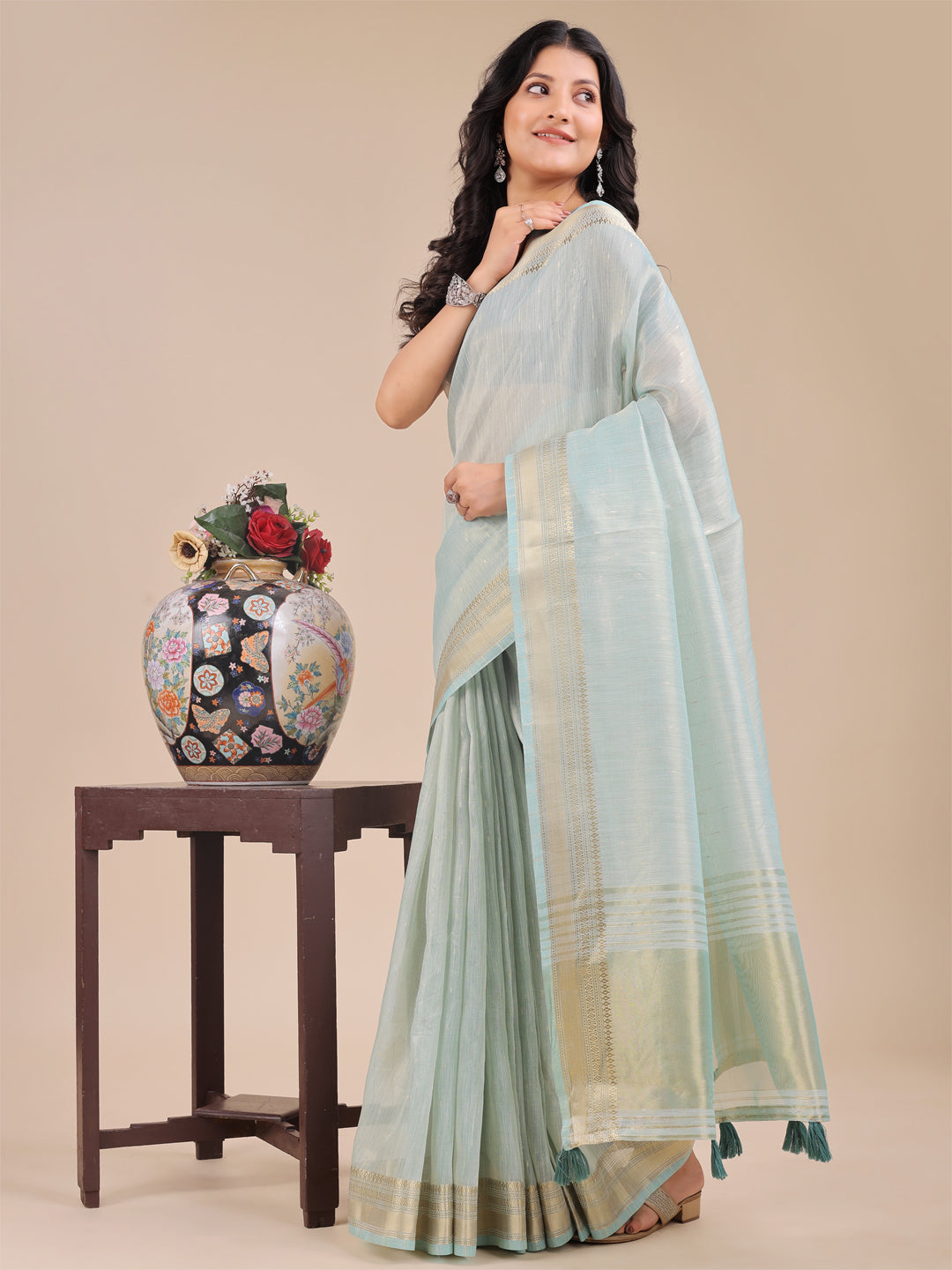 Shree Shyam Fashion Sea Green Organza Woven Zari Work Traditional Tassel Saree