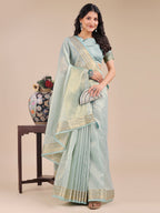 Shree Shyam Fashion Sea Green Organza Woven Zari Work Traditional Tassel Saree