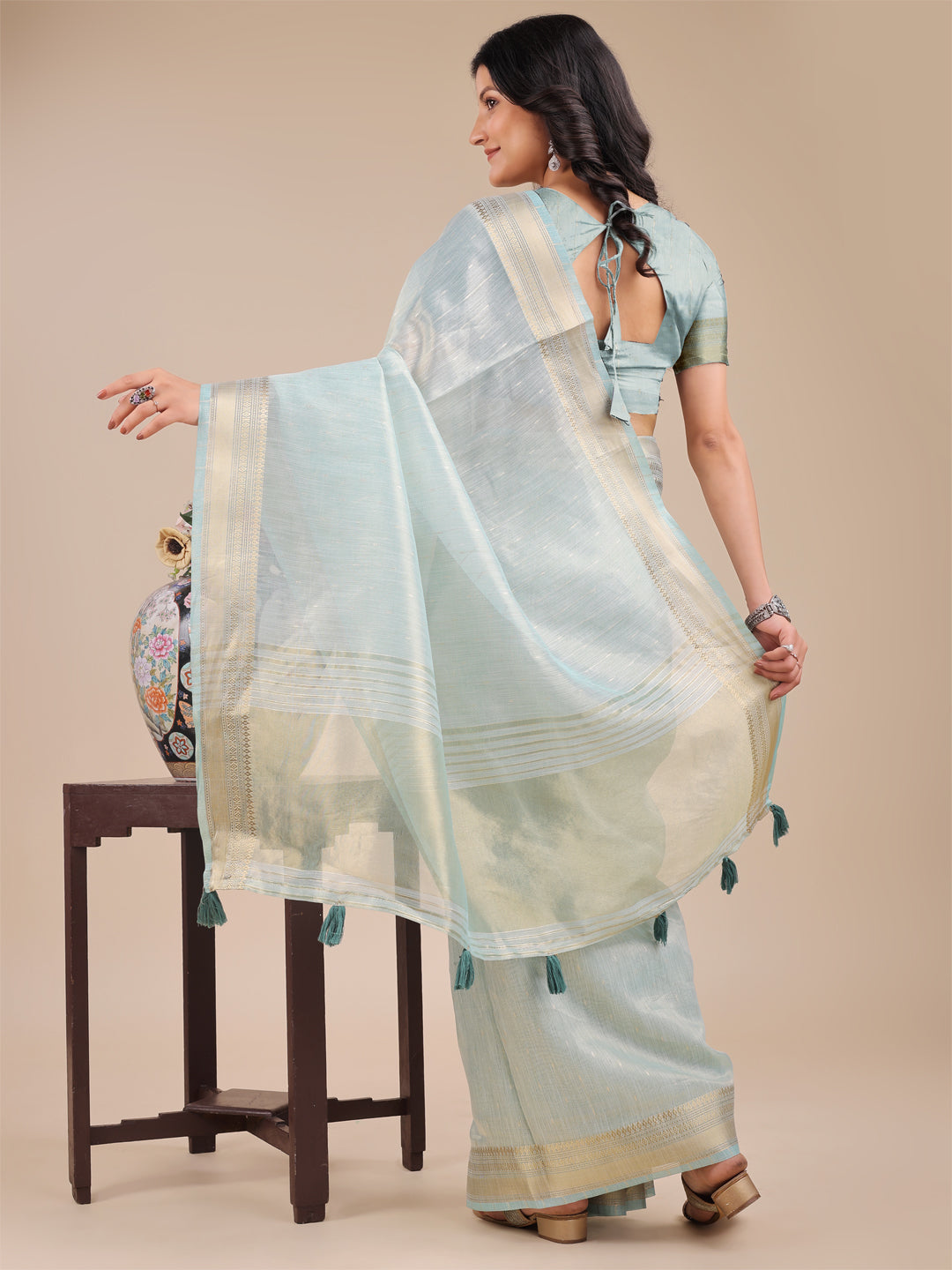 Shree Shyam Fashion Sea Green Organza Woven Zari Work Traditional Tassel Saree