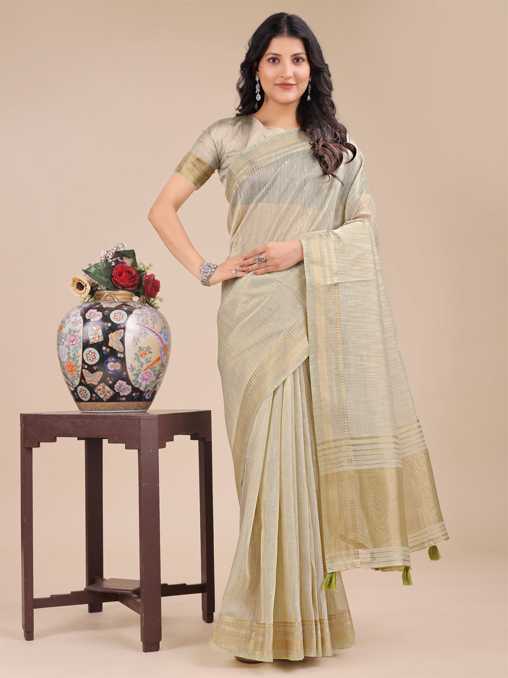 Shree Shyam Fashion Cream Organza Woven Zari Work Traditional Tassel Saree
