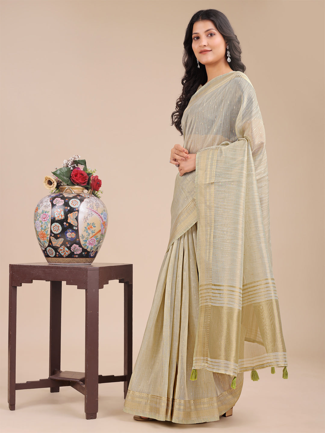 Shree Shyam Fashion Cream Organza Woven Zari Work Traditional Tassel Saree