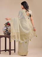 Shree Shyam Fashion Cream Organza Woven Zari Work Traditional Tassel Saree