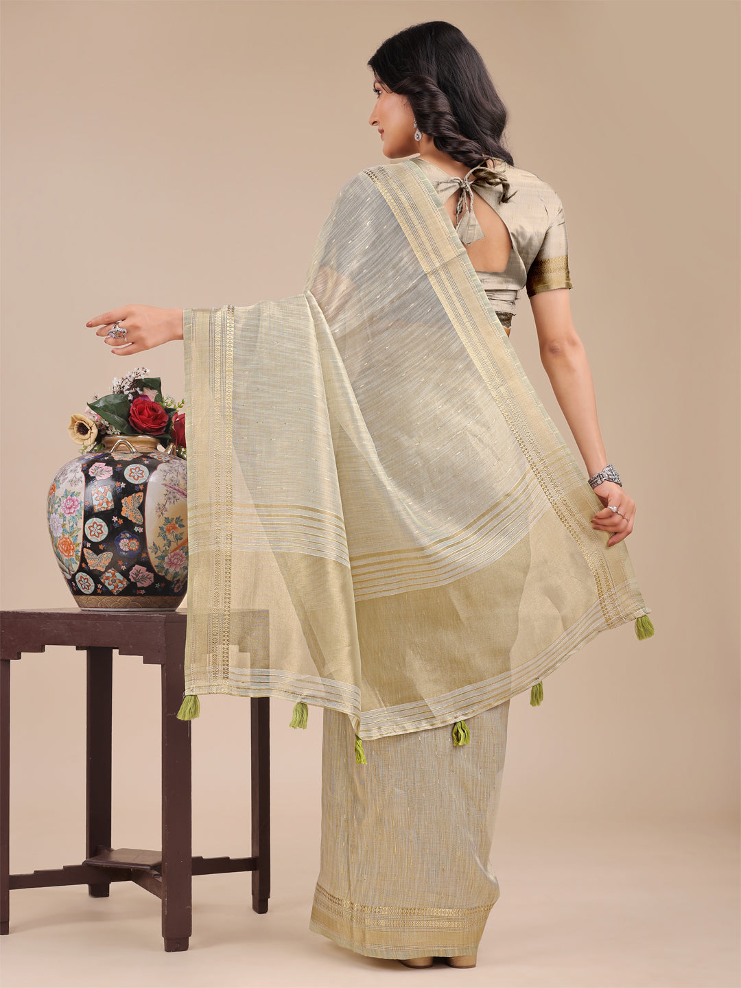 Shree Shyam Fashion Cream Organza Woven Zari Work Traditional Tassel Saree
