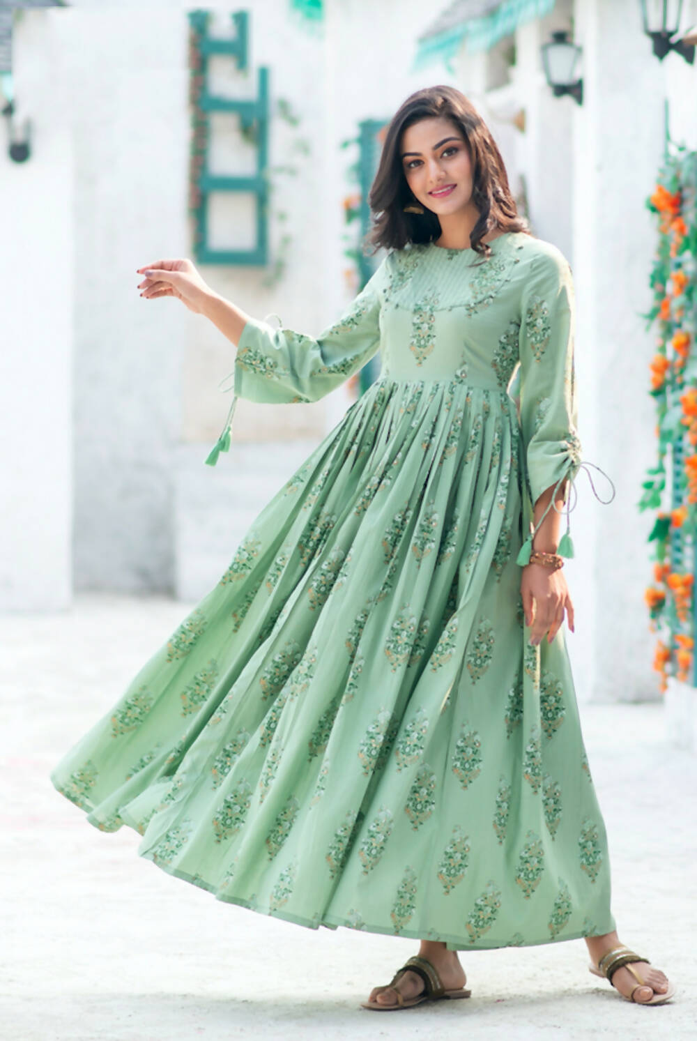 Partywear Designer Digital Printed Moss Green Pure Maslin Gown - Anbazaar - Distacart