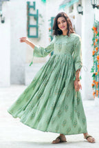 Partywear Designer Digital Printed Moss Green Pure Maslin Gown - Anbazaar - Distacart