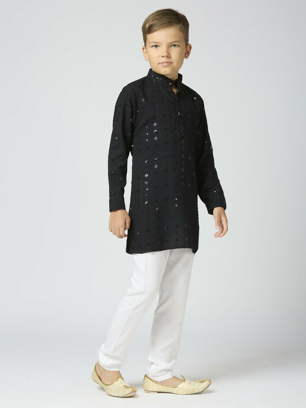 Joban Fashion Kids Island Full Sleeves Cotton Kurta and Pyjama Set with Sequin work - Black - Distacart