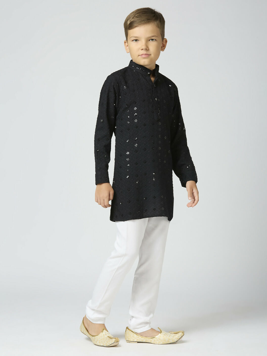 Joban Fashion Kids Island Full Sleeves Cotton Kurta and Pyjama Set with Sequin work - Black - Distacart