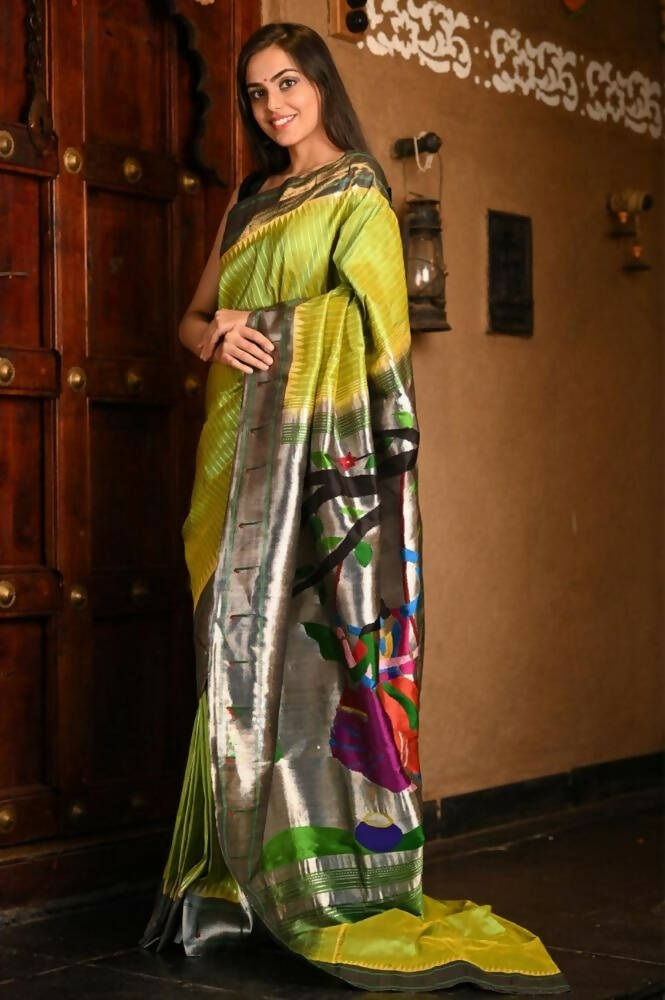 Very Much Indian Premium Handloom Pure Silk Muniya Borde-Parrot Green,Silver Zari And Intricate Big Radha Krishna Pallu - Distacart
