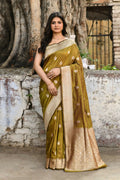 Joban Fashion Olive Green Pure Katan Pure Handloom Banarasi Silk Saree