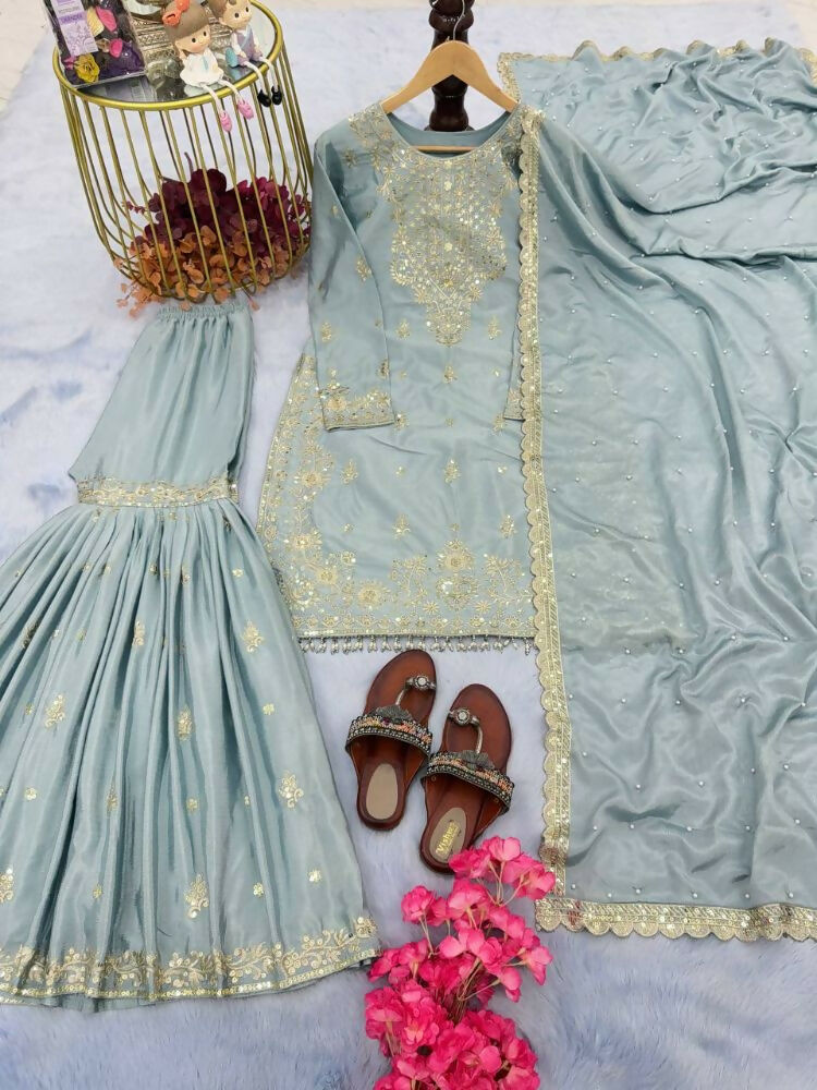 Teeya Creation Mint Green Color Chinnon Silk Embroidery Work Wedding Wear Salwar Suit - Distacart