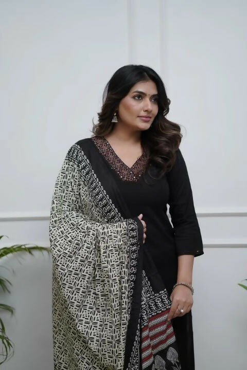 The52 Black Women's Gorgeous Parampara Fabric Embroidered Work Straight Kurta Palazzo and Dupatta Set - Distacart