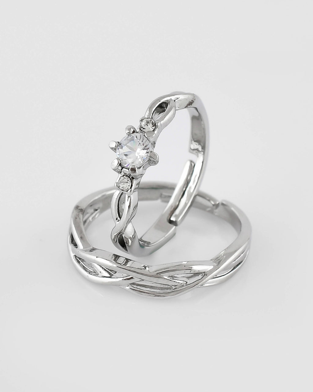 VOJ Stainless Steel Cubic Zirconia Silver Plated Adjustable Ring Set for Couple