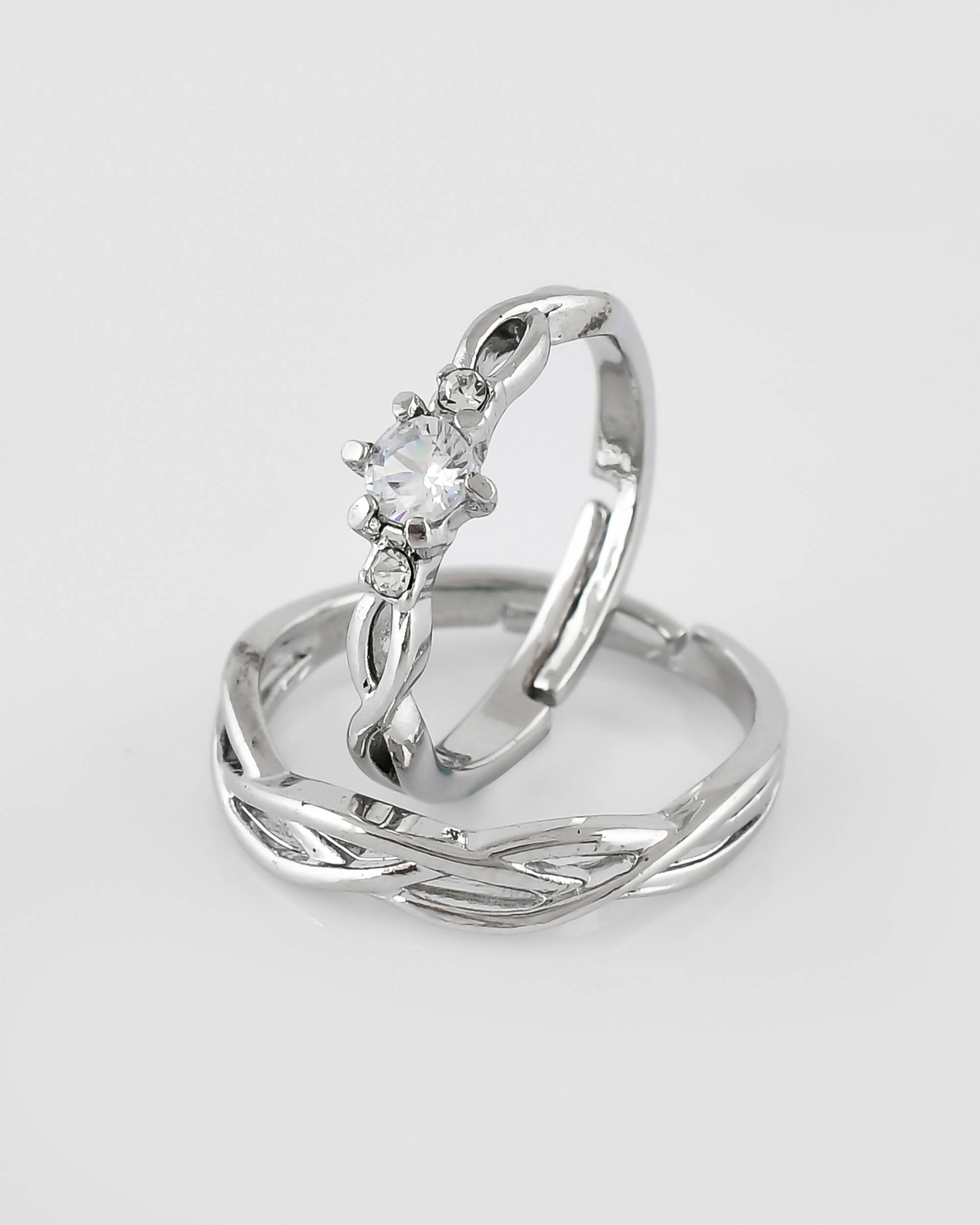 VOJ Stainless Steel Cubic Zirconia Silver Plated Adjustable Ring Set for Couple