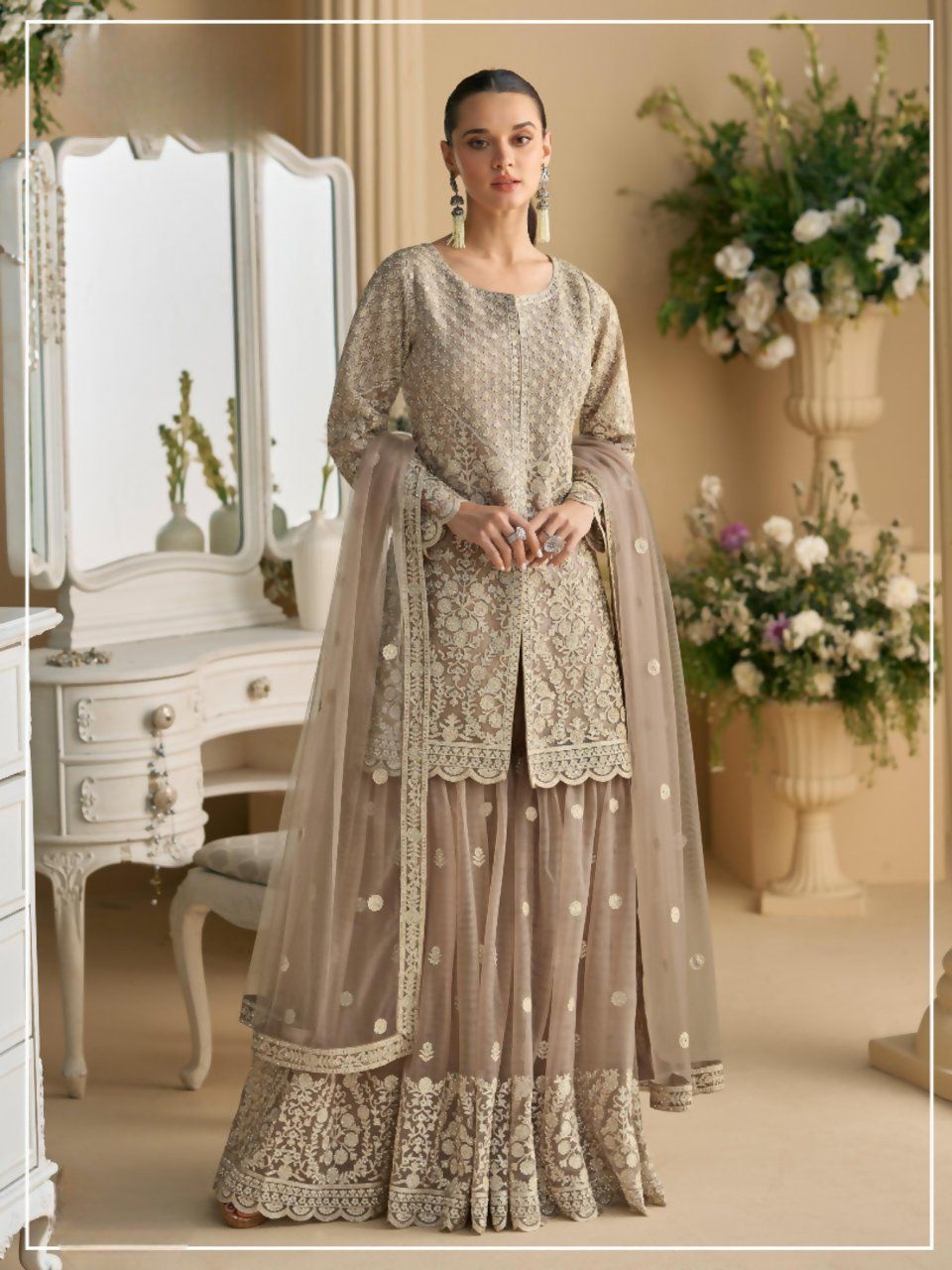 Anaita Cream Heavy Net Readymade Suit with Embroidery & Sequence Work - Distacart