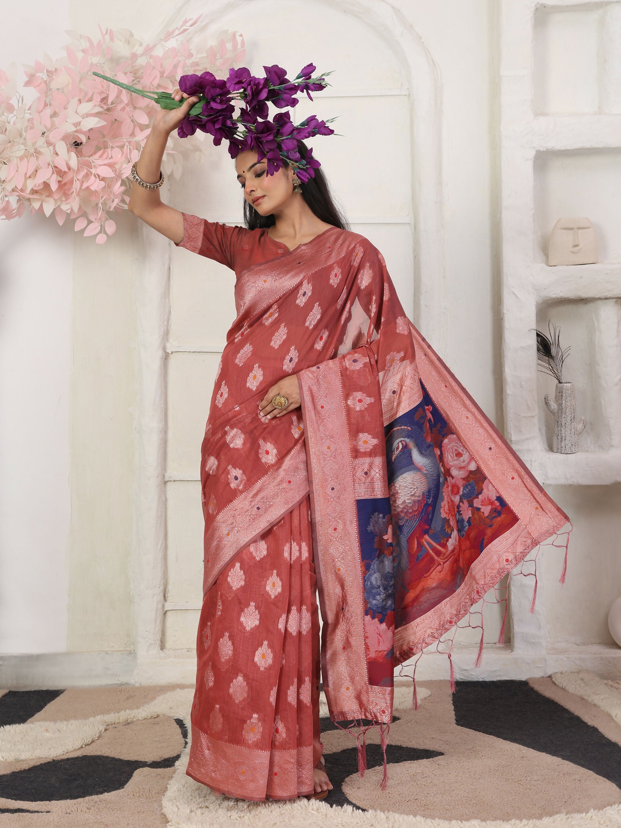 Shree Shyam Fashion Linen Cotton Rust Saree - Distacart