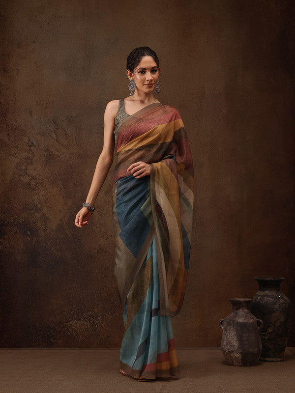 Multicolor Silk Blend Digital Print Striped Saree with Unstitched Blouse - Hiral Fashion