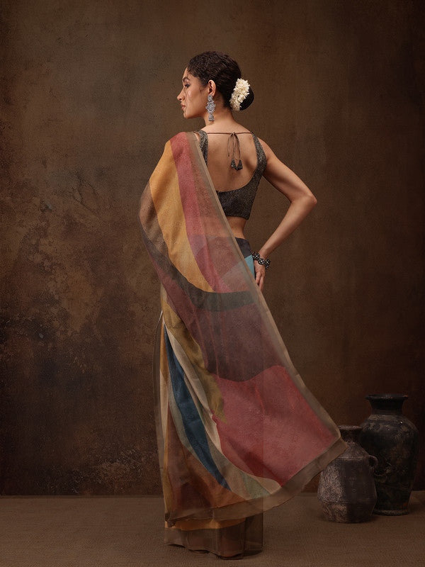 Multicolor Silk Blend Digital Print Striped Saree with Unstitched Blouse - Hiral Fashion