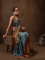 Multicolor Silk Blend Digital Print Striped Saree with Unstitched Blouse - Hiral Fashion