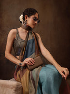 Multicolor Silk Blend Digital Print Striped Saree with Unstitched Blouse - Hiral Fashion