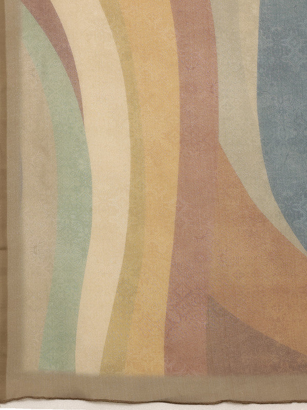 Multicolor Silk Blend Digital Print Striped Saree with Unstitched Blouse - Hiral Fashion