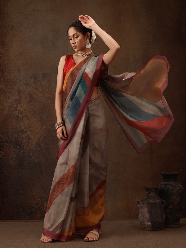Multicolor Silk Blend Digital Print Striped Saree with Unstitched Blouse - Hiral Fashion