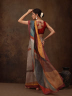 Multicolor Silk Blend Digital Print Striped Saree with Unstitched Blouse - Hiral Fashion