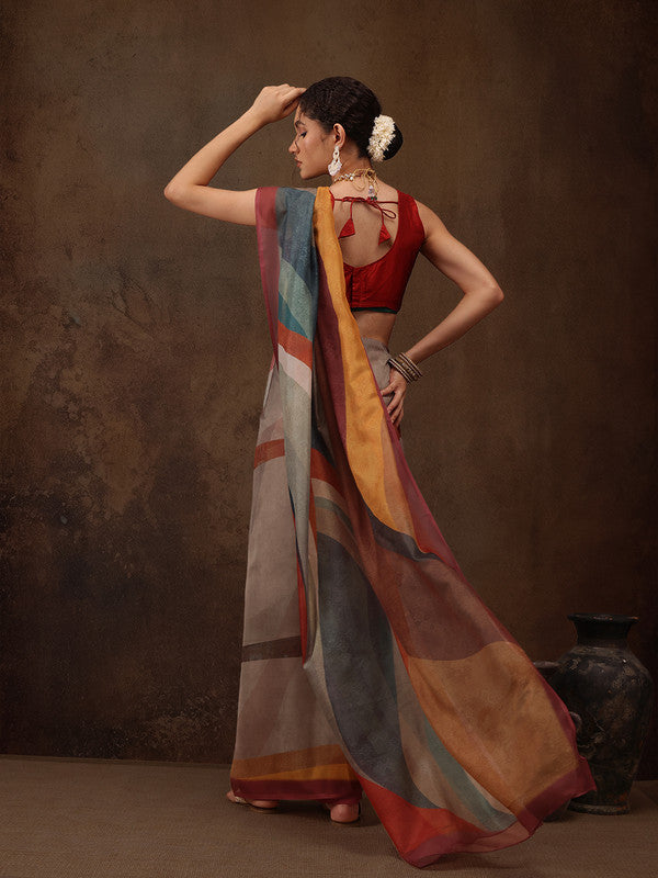 Multicolor Silk Blend Digital Print Striped Saree with Unstitched Blouse - Hiral Fashion