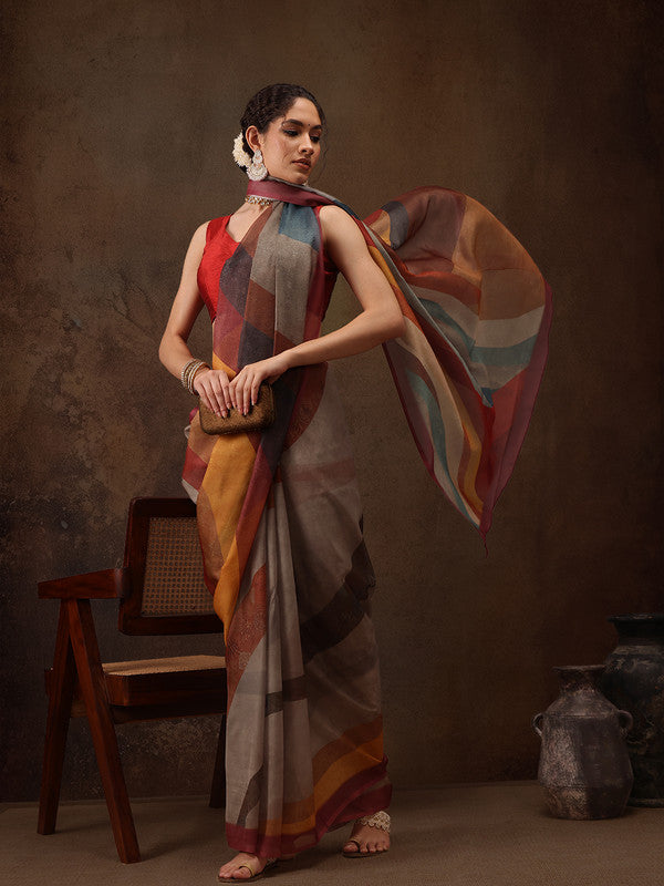Multicolor Silk Blend Digital Print Striped Saree with Unstitched Blouse - Hiral Fashion
