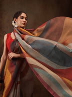 Multicolor Silk Blend Digital Print Striped Saree with Unstitched Blouse - Hiral Fashion