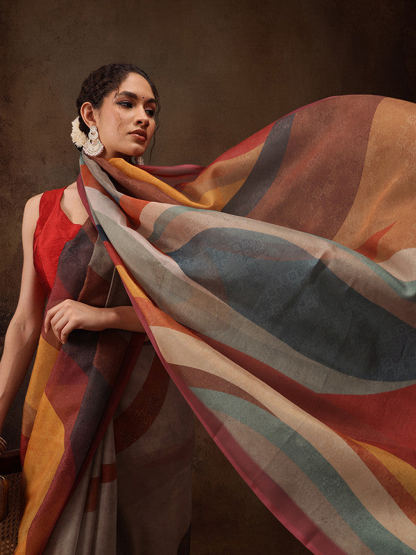 Multicolor Silk Blend Digital Print Striped Saree with Unstitched Blouse - Hiral Fashion