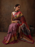 Multicolor Silk Blend Digital Print Striped Saree with Unstitched Blouse - Hiral Fashion