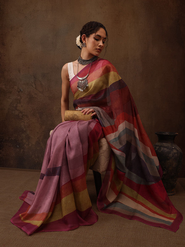 Multicolor Silk Blend Digital Print Striped Saree with Unstitched Blouse - Hiral Fashion