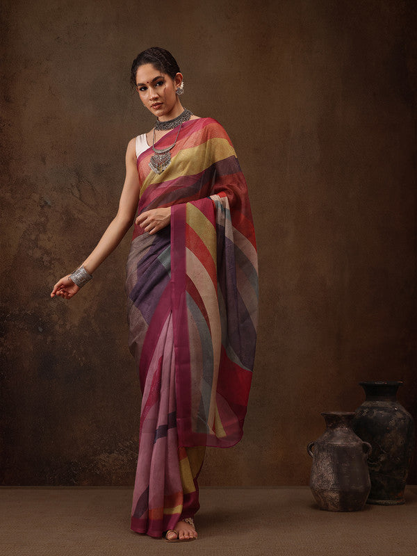 Multicolor Silk Blend Digital Print Striped Saree with Unstitched Blouse - Hiral Fashion