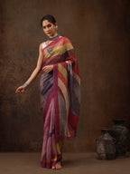 Multicolor Silk Blend Digital Print Striped Saree with Unstitched Blouse - Hiral Fashion