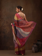 Multicolor Silk Blend Digital Print Striped Saree with Unstitched Blouse - Hiral Fashion