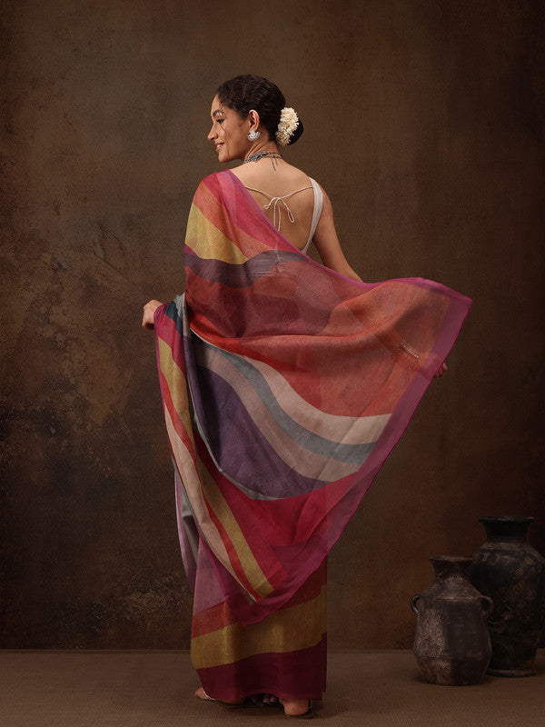 Multicolor Silk Blend Digital Print Striped Saree with Unstitched Blouse - Hiral Fashion