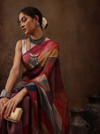 Multicolor Silk Blend Digital Print Striped Saree with Unstitched Blouse - Hiral Fashion