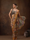 Multicolor Silk Blend Digital Print Floral Saree with Unstitched Blouse - Hiral Fashion
